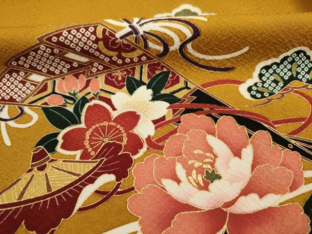 平和屋着物■振袖 駒刺繍 御所車花文 金彩 DABK6758ya