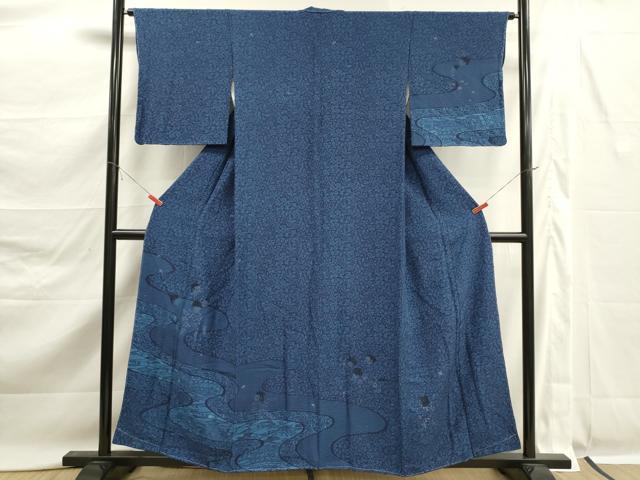 平和屋着物■訪問着 藍 型染め 流水風景文 童子 正絹 逸品 未使用 DABK6785ya