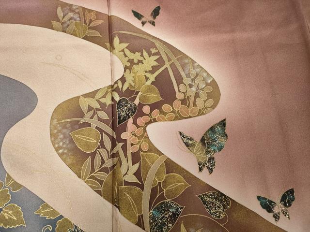 平和屋着物■訪問着 流水舞蝶草葉文 暈し染め 金銀彩 正絹 逸品 DABK6842ya