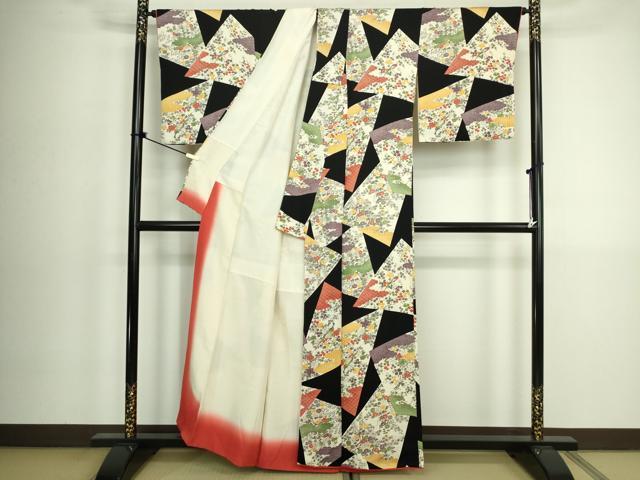 平和屋着物■上質な小紋 型染め 花鳥文 黒地 正絹 逸品 DABK6864ya