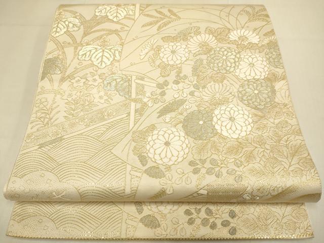 平和屋本店▼六通柄袋帯 九百紋錦 草花文 本金箔蒔絵 正絹 逸品 DABK7525du