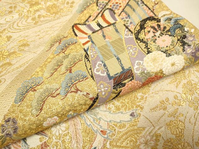 平和屋本店▼六通柄袋帯 九百錦 御所車鳳凰花文 本金箔 正絹 逸品 DABK7536du