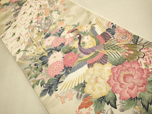 平和屋本店▼「美しいキモノ」お馴染みのメーカー となみ織物 本加賀友禅作家 百貫華峰 六通柄袋帯 孔雀花文 純金箔 正絹 逸品 DABK7538du