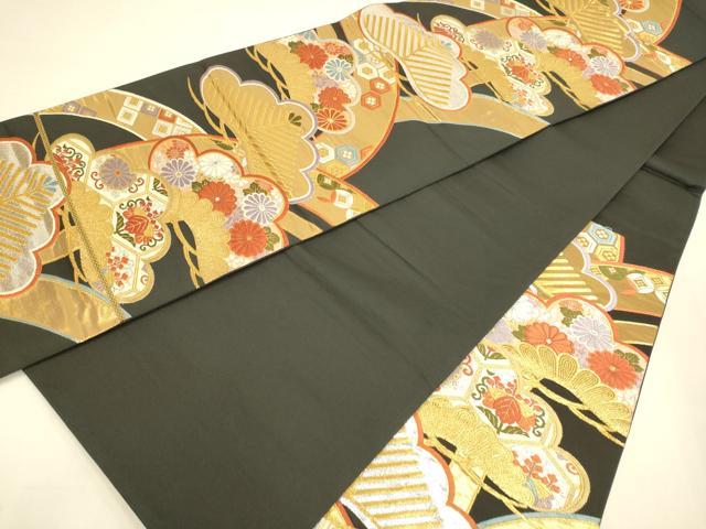 平和屋本店▼六通柄袋帯 唐織 花松文 黒地 本金箔24K みやび 正絹 逸品 DABK7542du
