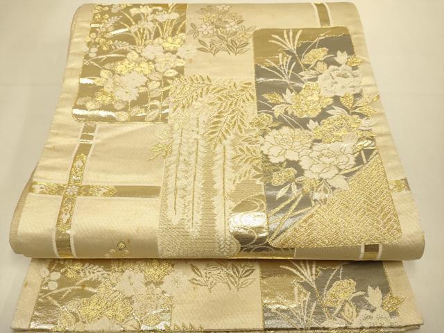 平和屋本店▼六通柄袋帯 草花文 プラチナ24k織 正絹 逸品 DABK7560du