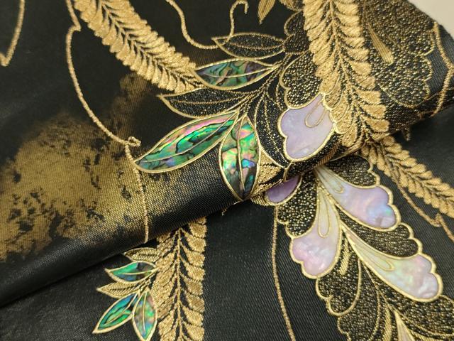 平和屋本店▼螺鈿作家 藤本隆士 袋帯 藤 本金箔引箔 正絹 逸品 DABK7566du