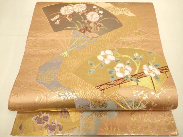 平和屋本店▼六通柄袋帯 乾山道長扇面散らし 純金二重箔 正絹 逸品 DABK7568du