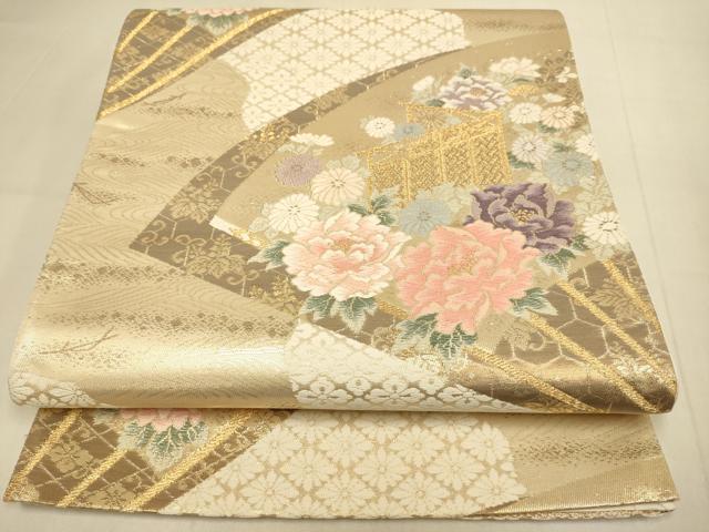 平和屋本店▼六通柄袋帯 扇面花文 弐拾四金二重織 正絹 逸品 DABK7572du