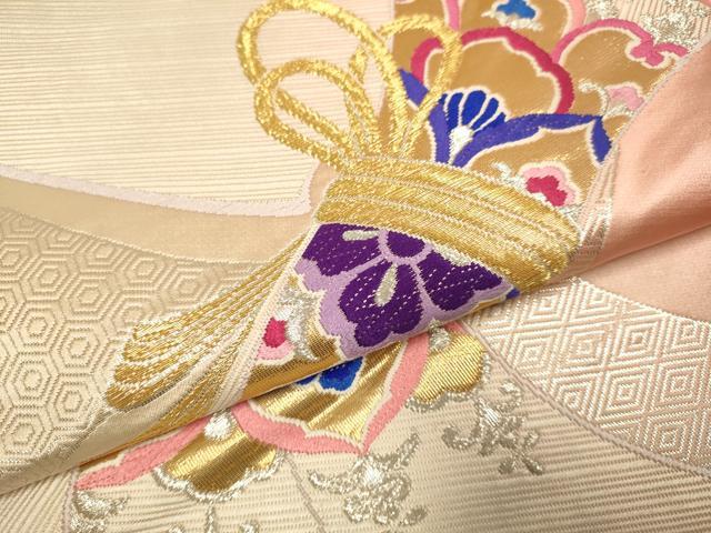 平和屋本店▼六通柄袋帯 束ね熨斗花文 K24金箔二重織 正絹 逸品 DABK7584du
