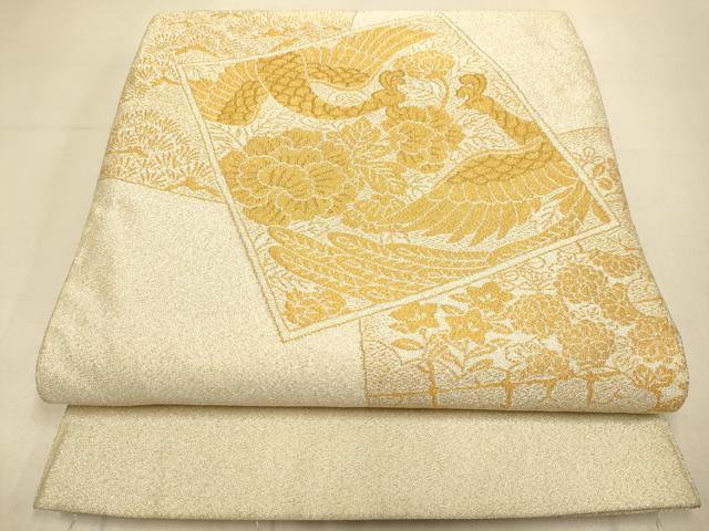 平和屋本店▼綴れ 太鼓柄袋帯 色紙花鳥文 純金糸24金箔 正絹 逸品 DABK7585du