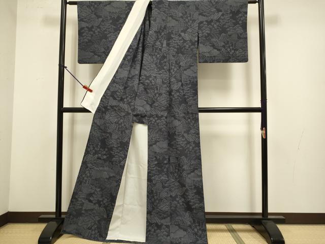 平和屋着物▽本場結城紬 重要無形文化財 単衣 100亀甲 風景文 正絹 逸品 DABK7766du