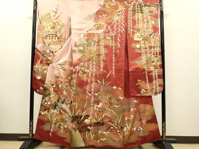 平和屋着物●豪華振袖 駒刺繍 扇面吉祥花文 金彩 正絹 逸品 DABK7858du