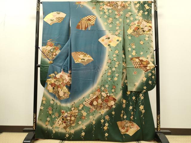 平和屋着物●豪華振袖 駒刺繍 地紙花車文 暈し染め 金彩 正絹 逸品 DABK7869du