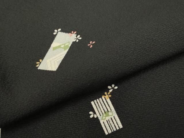 平和屋着物●上質な小紋 短冊花文 黒地 小田急百貨店扱い ロング丈 正絹 逸品 DABK7992du