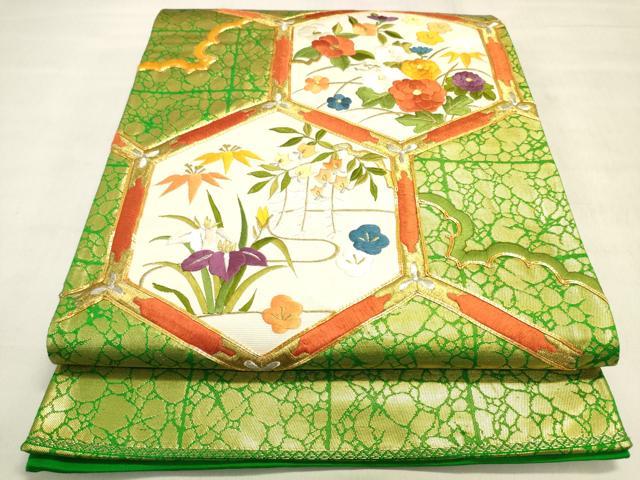 平和屋着物◎太鼓柄袋帯 駒刺繍 亀甲花文 金銀糸 正絹 逸品 DABK8009ar