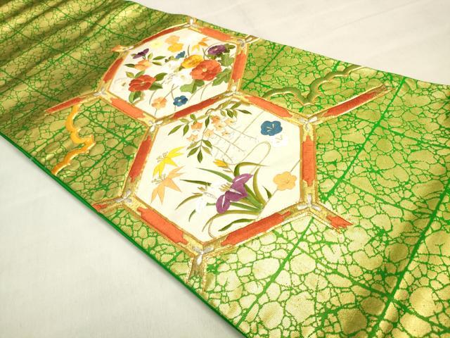 平和屋着物◎太鼓柄袋帯 駒刺繍 亀甲花文 金銀糸 正絹 逸品 DABK8009ar
