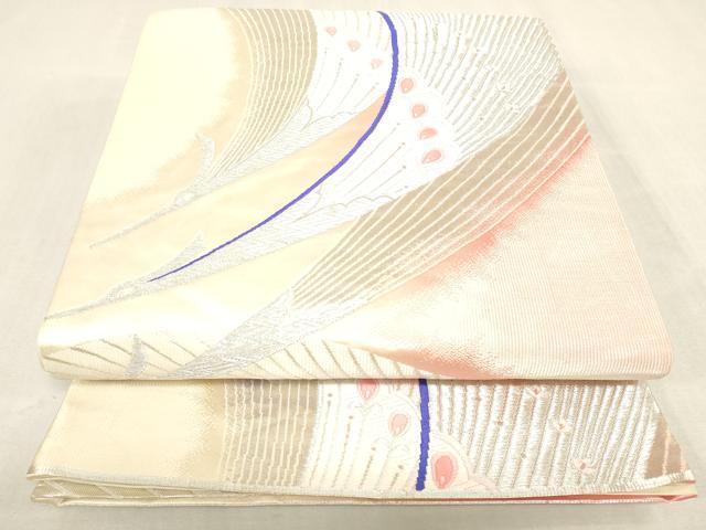 平和屋着物◎両面 六通柄袋帯 唐織 孔雀花文 手先長尺 銀糸 正絹 逸品 DABK8026ar