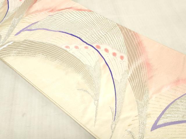 平和屋着物◎両面 六通柄袋帯 唐織 孔雀花文 手先長尺 銀糸 正絹 逸品 DABK8026ar