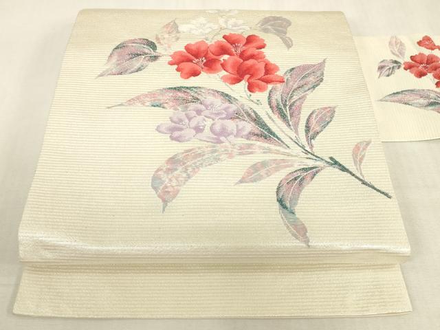 平和屋着物◎九寸名古屋帯 ふくれ織 草花文 銀糸 正絹 逸品 DABK8044ar