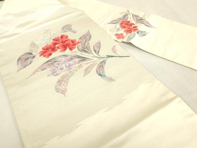 平和屋着物◎九寸名古屋帯 ふくれ織 草花文 銀糸 正絹 逸品 DABK8044ar