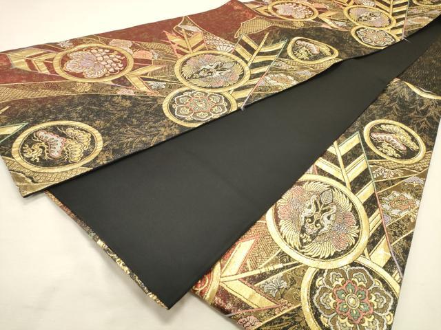 平和屋着物◎六通柄袋帯 向かい鶴花丸文 矢羽 黒地 金糸 正絹 逸品 DABK8056ar