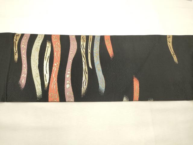平和屋着物◎九寸名古屋帯 鬘帯花文 黒地 金糸 正絹 逸品 DABK8079ar