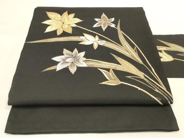 平和屋着物◎九寸名古屋帯 刺繍 草花文 黒地 金銀糸 DABK8107ar