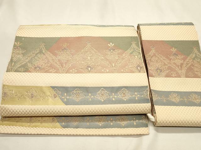 平和屋着物◎つけ帯 横段更紗花文 金糸 正絹 逸品 DABK8115ar