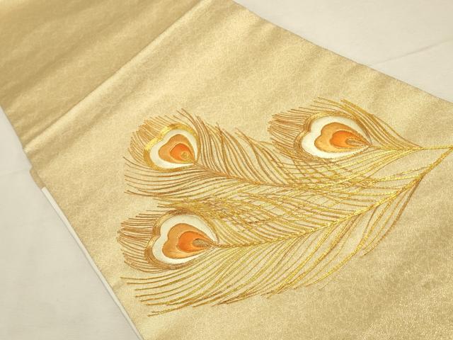 平和屋着物◎太鼓柄 九寸開き名古屋帯 総刺繍 駒刺繍 孔雀羽文 金糸 正絹 逸品 DABK8119ar