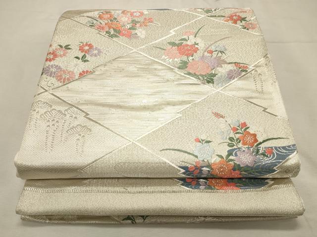 平和屋着物◎西陣 六通柄袋帯 唐織 松皮菱花文 銀糸 証紙付き 正絹 逸品 DABK8136ar