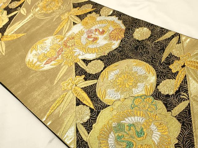 平和屋着物◎六通柄袋帯 向かい鳥花文 黒地 金銀糸 鈴乃屋扱い 正絹 逸品 DABK8146ar