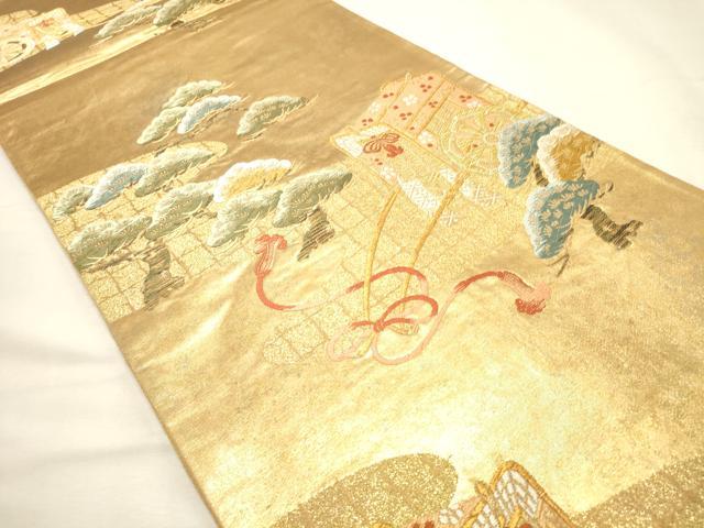 平和屋着物◎六通柄袋帯 唐織 御所車松文 金糸 引箔 正絹 逸品 DABK8149ar