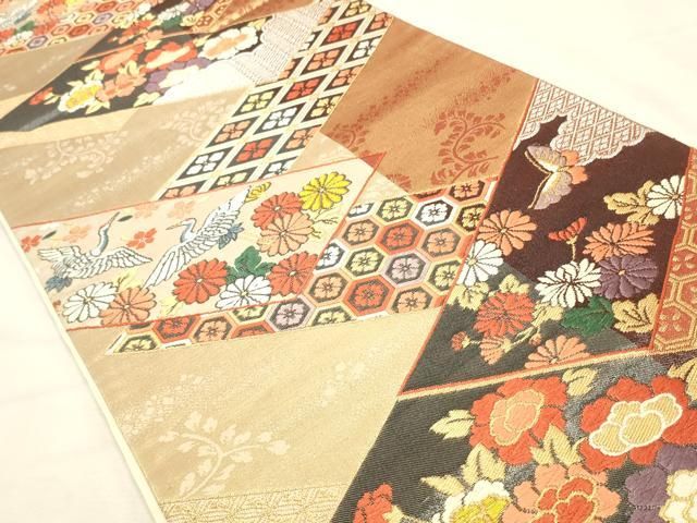 平和屋着物◎六通柄袋帯 飛鶴吉祥花文 金銀糸 正絹 逸品 DABK8225ar