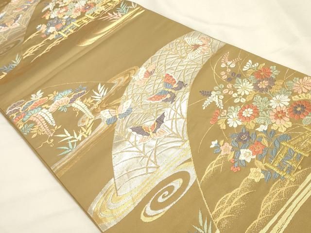 平和屋着物◎六通柄袋帯 唐織 舞蝶花文 金銀糸 正絹 逸品 DABK8227ar