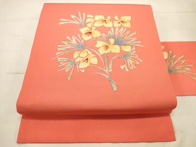 平和屋着物◎九寸名古屋帯 ろうけつ染め 草花文 正絹 逸品 DABK8240ar