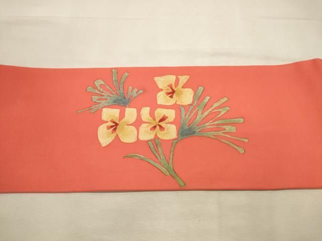 平和屋着物◎九寸名古屋帯 ろうけつ染め 草花文 正絹 逸品 DABK8240ar