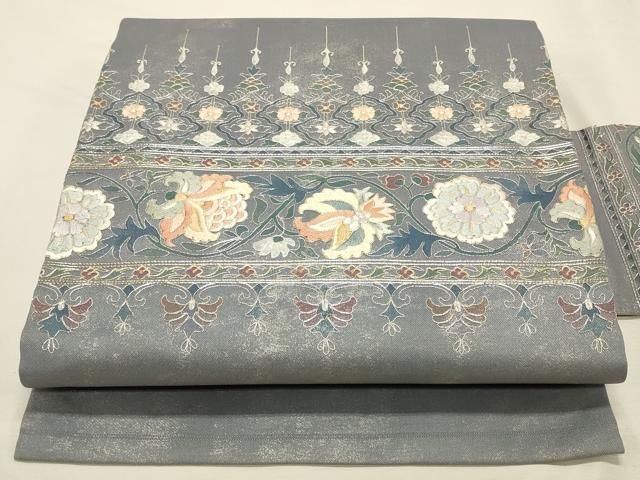 平和屋着物◎九寸名古屋帯 駒刺繍 総刺繍 横段更紗花唐草文 金銀糸 正絹 逸品 DABK8246ar