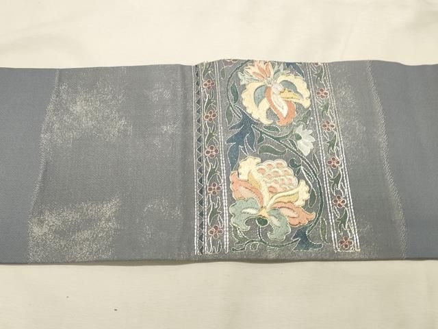 平和屋着物◎九寸名古屋帯 駒刺繍 総刺繍 横段更紗花唐草文 金銀糸 正絹 逸品 DABK8246ar