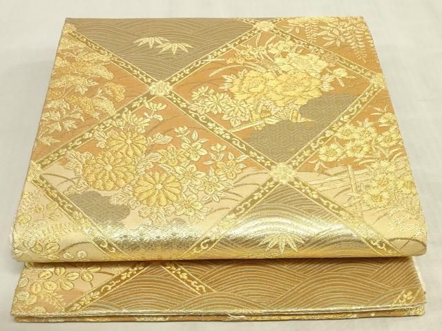 平和屋着物◎佐賀錦 六通柄袋帯 天井草花文 金糸 正絹 逸品 DABK8263ar