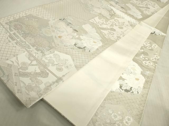 平和屋着物◎六通柄袋帯 唐織 亀甲鴛鴦花文 プラチナ箔 正絹 逸品 DABK8281ar