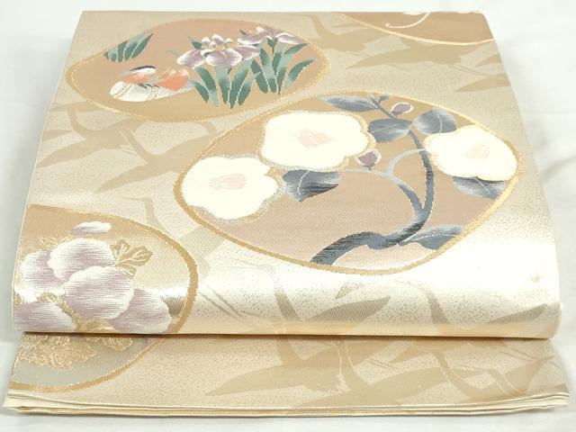 平和屋着物◎太鼓柄袋帯 飛鶴花文 鴛鴦 金銀糸 正絹 逸品 DABK8527cm