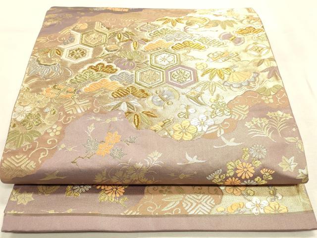 平和屋着物◎六通柄袋帯 唐織 宝尽くし吉祥花松文 金銀糸 正絹 逸品 DABK8545cm