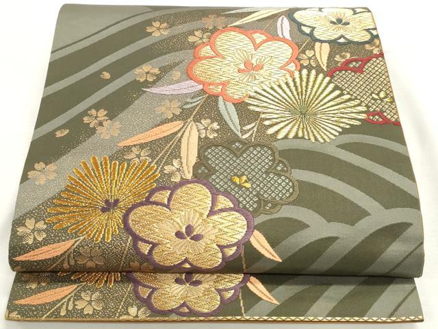 平和屋着物◎六通柄袋帯 唐織 草花文 金糸 正絹 逸品 DABK8549cm