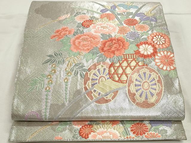 平和屋着物◎六通柄袋帯 唐織 花車文 金銀糸 正絹 逸品 DABK8558cm