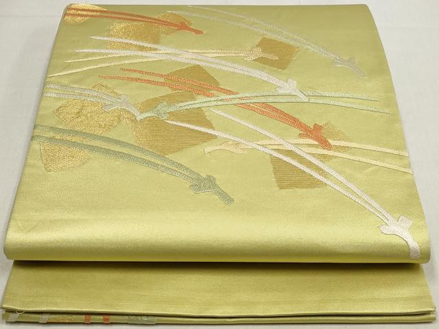 平和屋着物◎太鼓柄袋帯 総刺繍 箔散らし松葉文 金糸 正絹 逸品 DABK8560cm