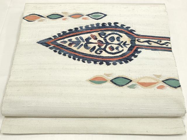 平和屋着物◎八寸名古屋帯 紬地 草葉文 正絹 逸品 DABK8574cm