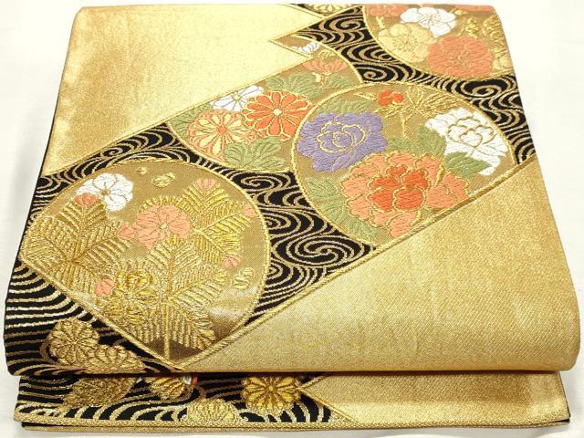 平和屋着物◎六通柄袋帯 唐織 流水鴛鴦花丸文 黒地 金糸 正絹 逸品 DABK8595cm