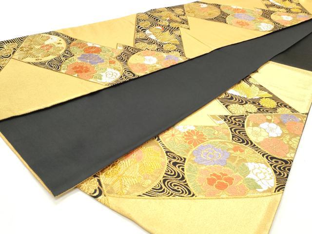 平和屋着物◎六通柄袋帯 唐織 流水鴛鴦花丸文 黒地 金糸 正絹 逸品 DABK8595cm