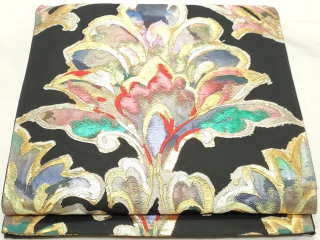 平和屋着物◎六通柄袋帯 更紗花文 黒地 金銀糸 正絹 逸品 DABK8605cm