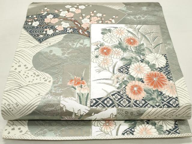 平和屋着物◎六通柄袋帯 地紙飛鶴花文 プラチナ箔 正絹 逸品 DABK8607cm